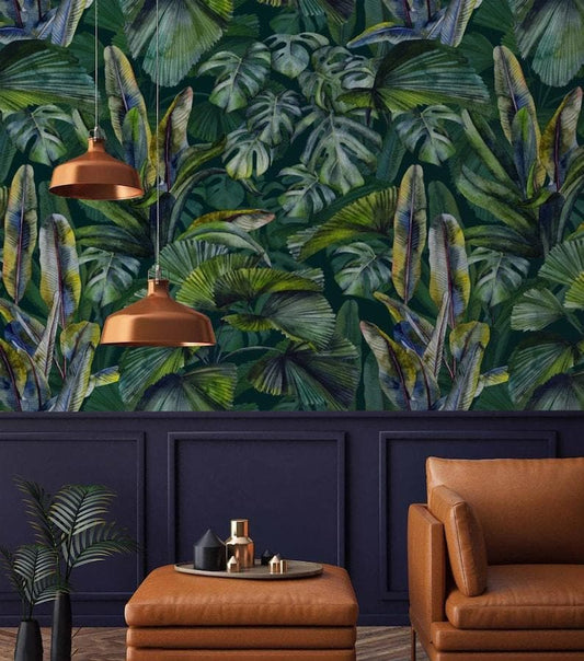 Dark Green Monstera and Tropical Banana Leaves Wallpaper - MAIA HOMES