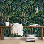 Dark Green Monstera and Tropical Banana Leaves Wallpaper