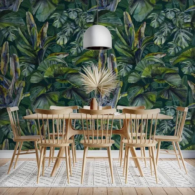 Dark Green Monstera and Tropical Banana Leaves Wallpaper