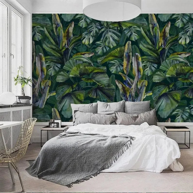 Dark Green Monstera and Tropical Banana Leaves Wallpaper