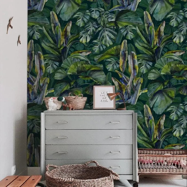 Dark Green Monstera and Tropical Banana Leaves Wallpaper