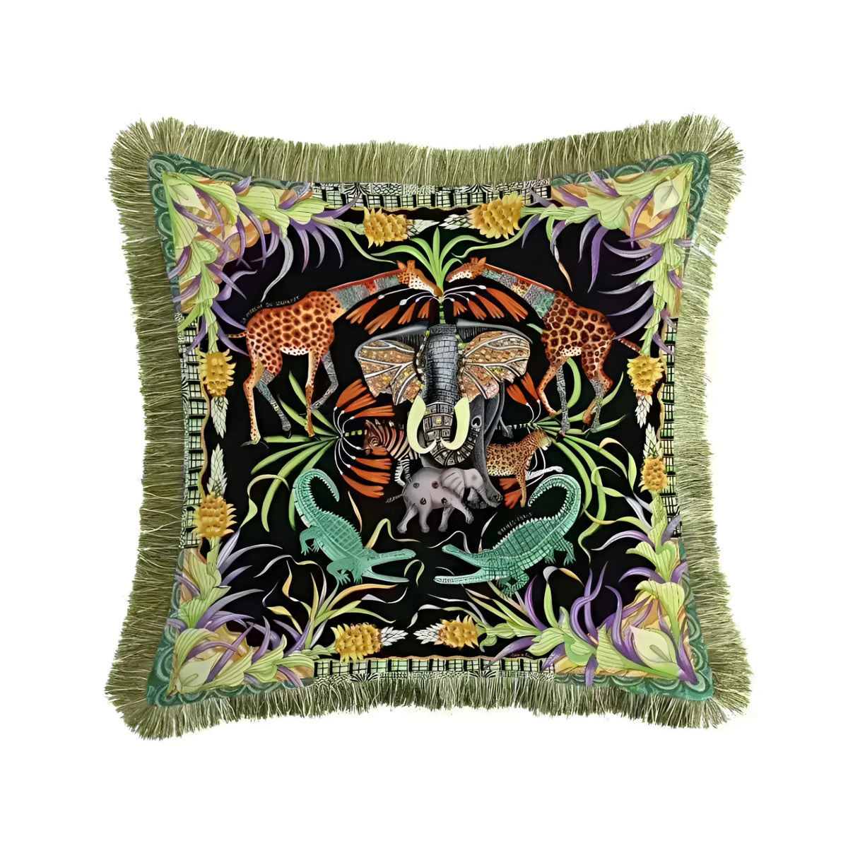 Colorful fringed throw pillow featuring embroidered wildlife designs including elephants, giraffes, and alligators on a black background, perfect for adding a touch of exotic flair to your decor.