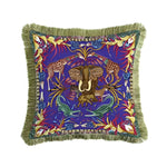 Colorful throw pillow featuring a vibrant animal print design with an elephant and various jungle motifs, accented with fringed edges, perfect for adding a touch of exotic decor to your living space.