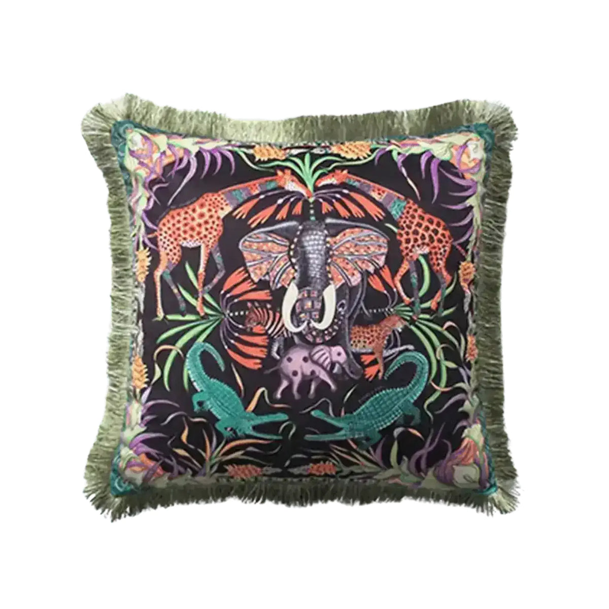 Colorful fringed throw pillow featuring an elephant and various animals surrounded by tropical foliage, perfect for home decor.
