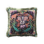 Colorful fringed throw pillow featuring an elephant and various animals surrounded by tropical foliage, perfect for home decor.