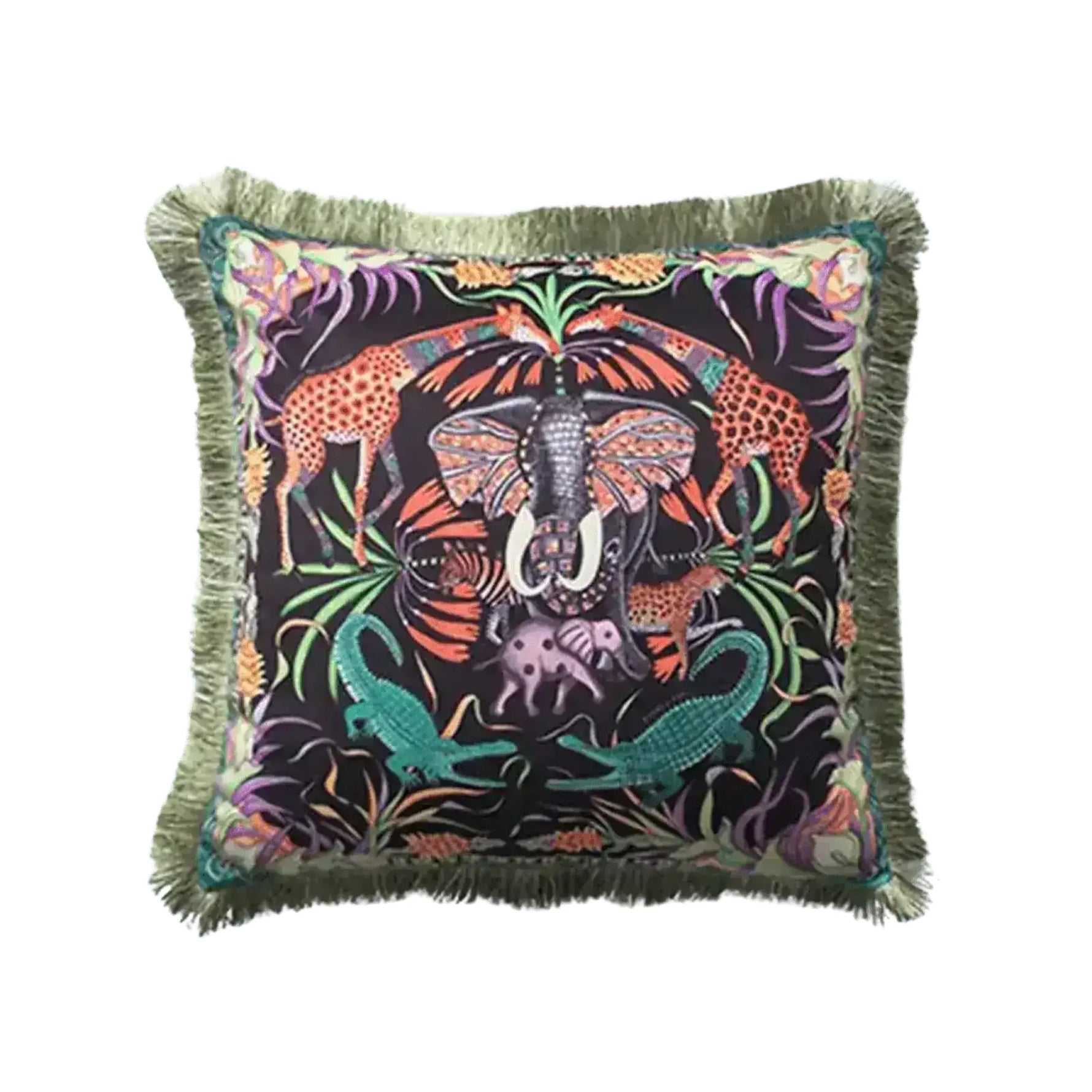 Colorful fringed throw pillow featuring an elephant and various animals surrounded by tropical foliage, perfect for home decor.
