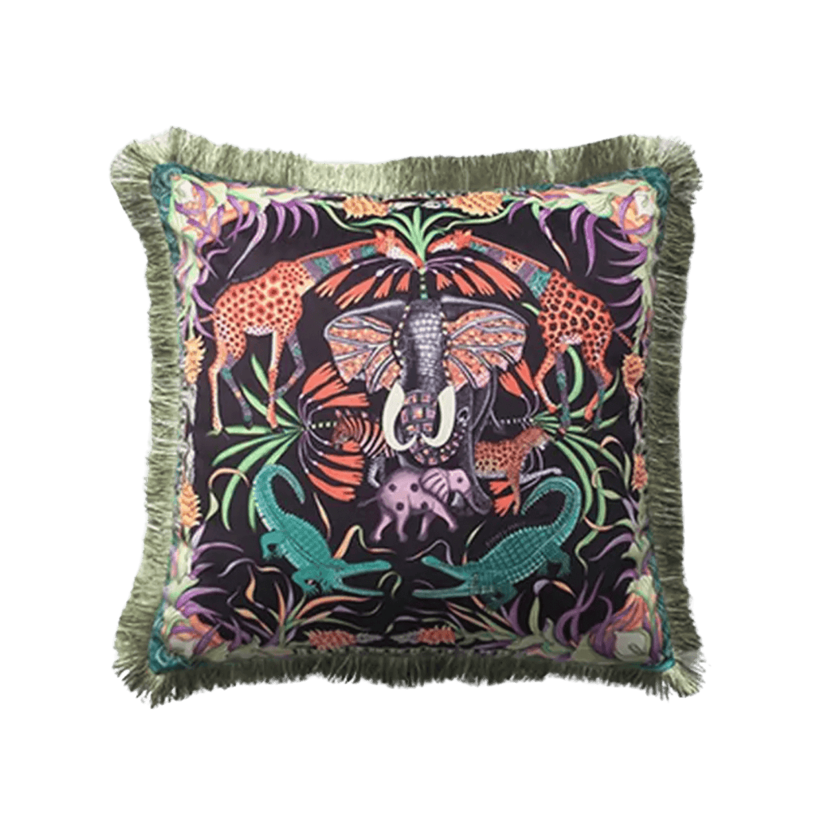 Dark Safari World Fringed Throw Pillow Cover