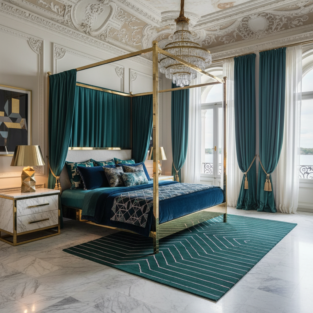 Luxurious bedroom with a gold canopy bed, teal drapes, a contemporary hand-tufted wool rug, and marble flooring.
