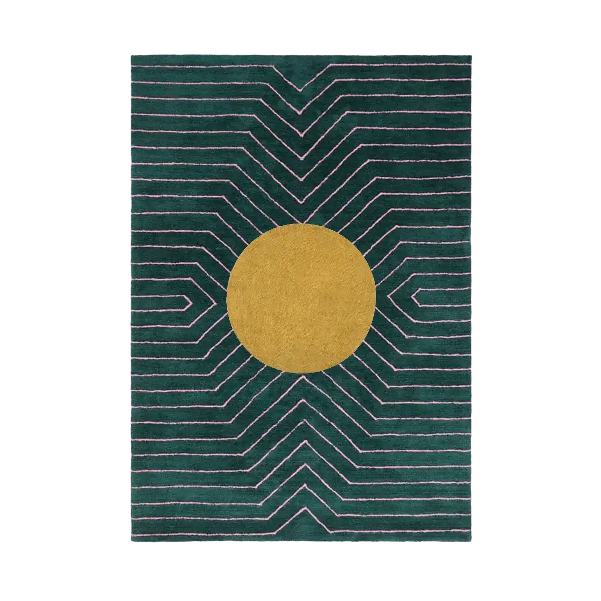 A stylish dark teal wool area rug perfect for the living room or bedroom. It features a bold geometric design with a striking gold circle in the center, making it an eye-catching piece for any modern home decor.