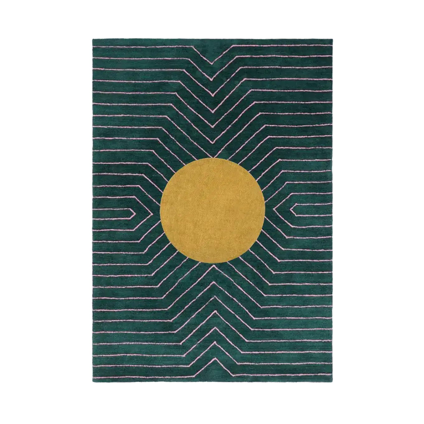 A stylish dark teal wool area rug perfect for the living room or bedroom. It features a bold geometric design with a striking gold circle in the center, making it an eye-catching piece for any modern home decor.