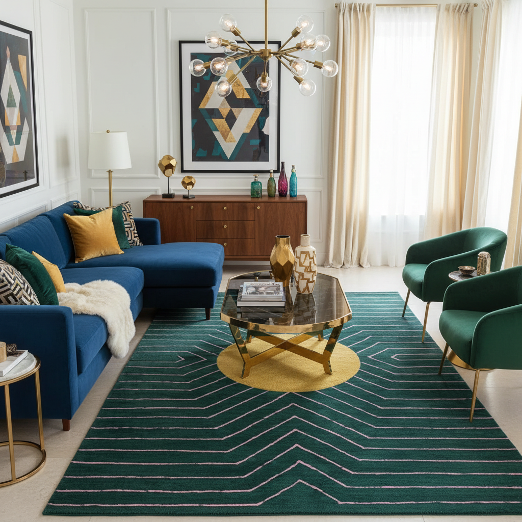 Modern living room with blue sofa, green chairs, and geometric rug.