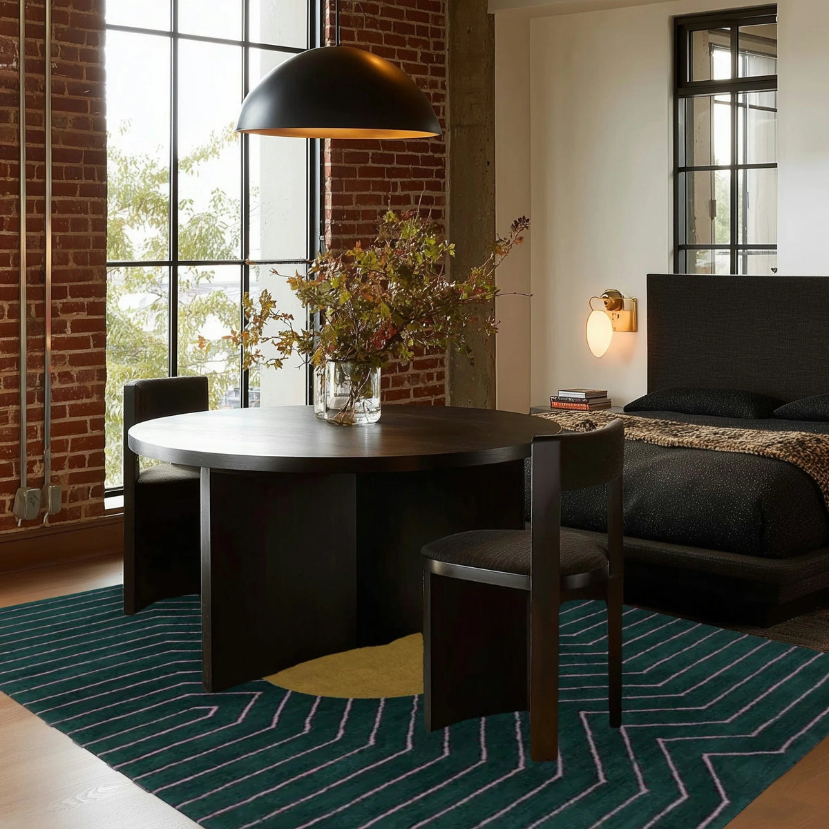 Dark Teal Gold Circle Geometric Hand Tufted Wool Rug