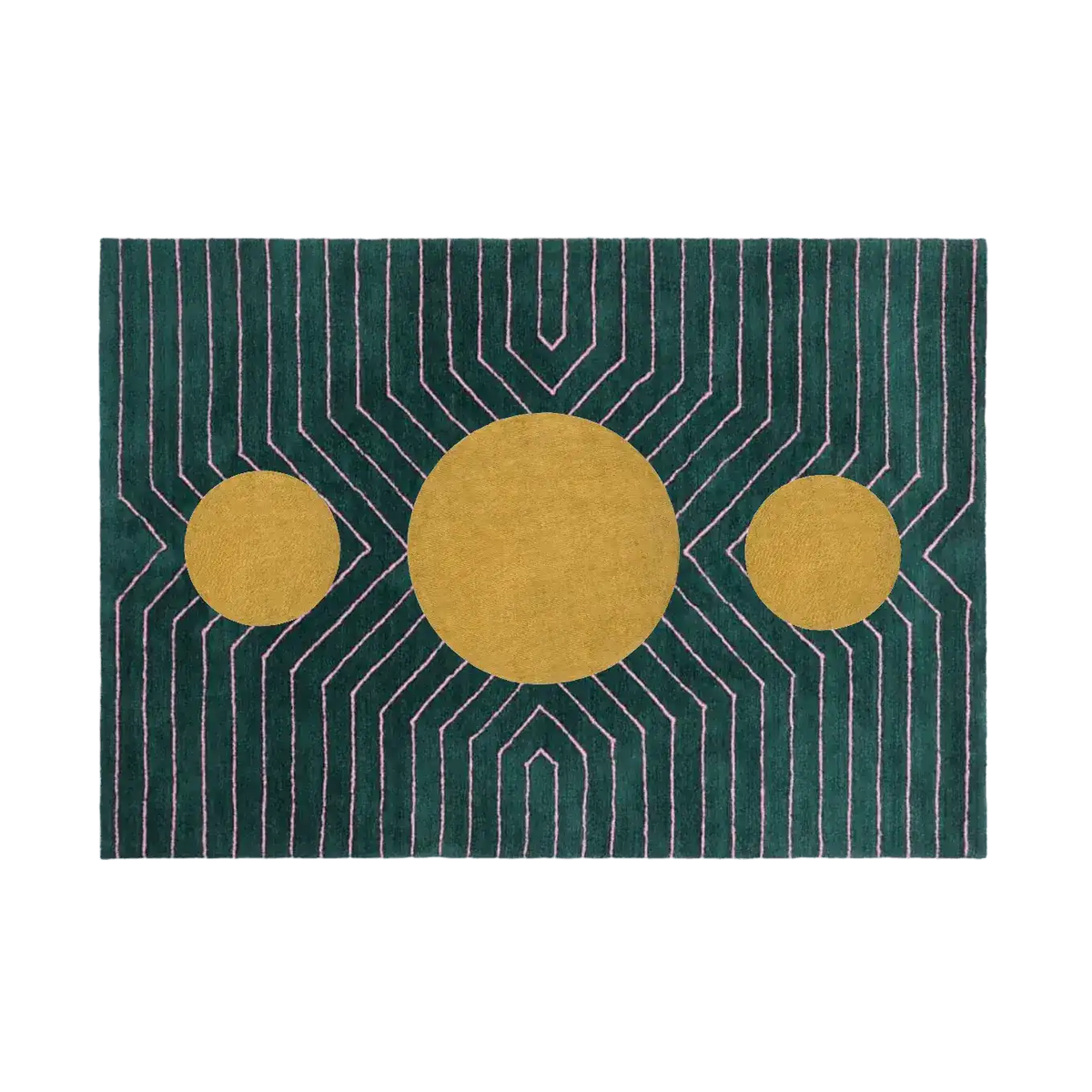 This stylish dark teal geometric area rug features bold golden circular designs, perfect for adding a modern touch to your living room. Hand-tufted from wool, this large area rug is ideal for those seeking large living room rugs that combine elegance with comfort.