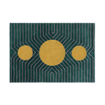 This stylish dark teal geometric area rug features bold golden circular designs, perfect for adding a modern touch to your living room. Hand-tufted from wool, this large area rug is ideal for those seeking large living room rugs that combine elegance with comfort.