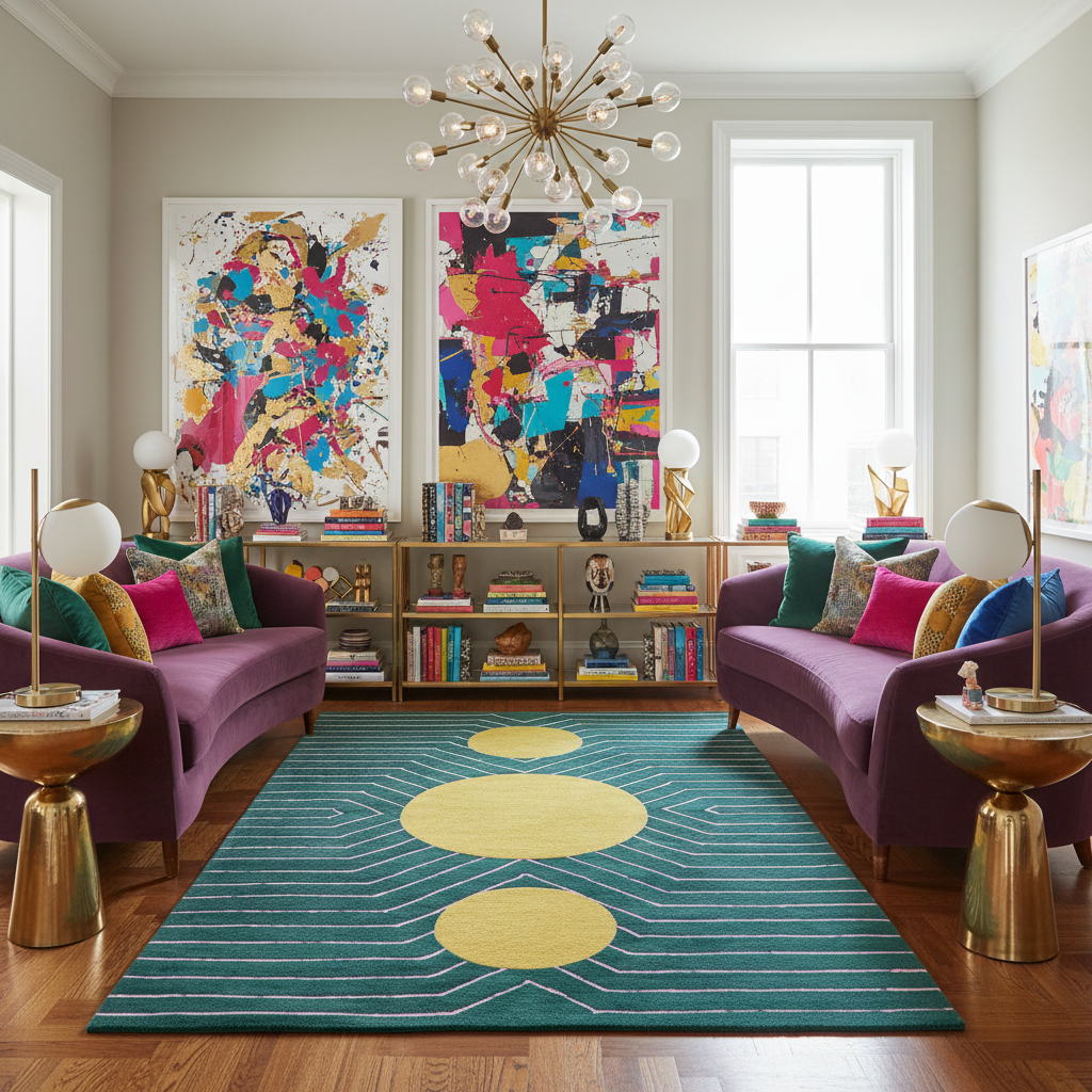 Modern living room with colorful abstract art, purple sofas, and a geometric rug.