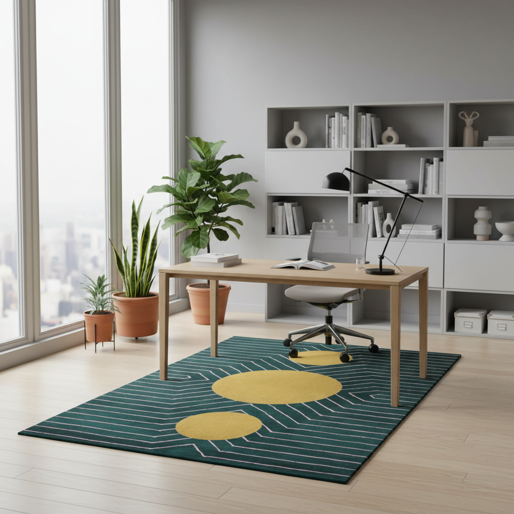 Dark Teal Golden Geometric Hand Tufted Wool Rug 6 x 8 ft