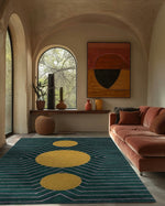 Dark Teal Golden Geometric Hand Tufted Wool Rug