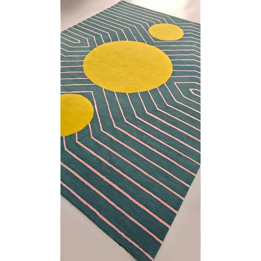 Dark Teal Golden Geometric Hand Tufted Wool Rug