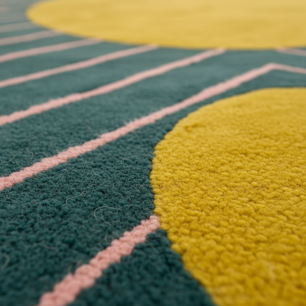 Close-up of a textured rug with green, pink, and yellow colors.