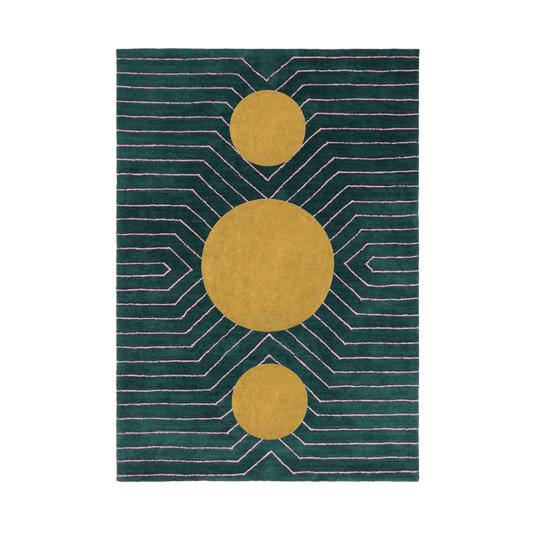 Dark Teal Golden Geometric Hand Tufted Wool Rug - MAIA HOMES