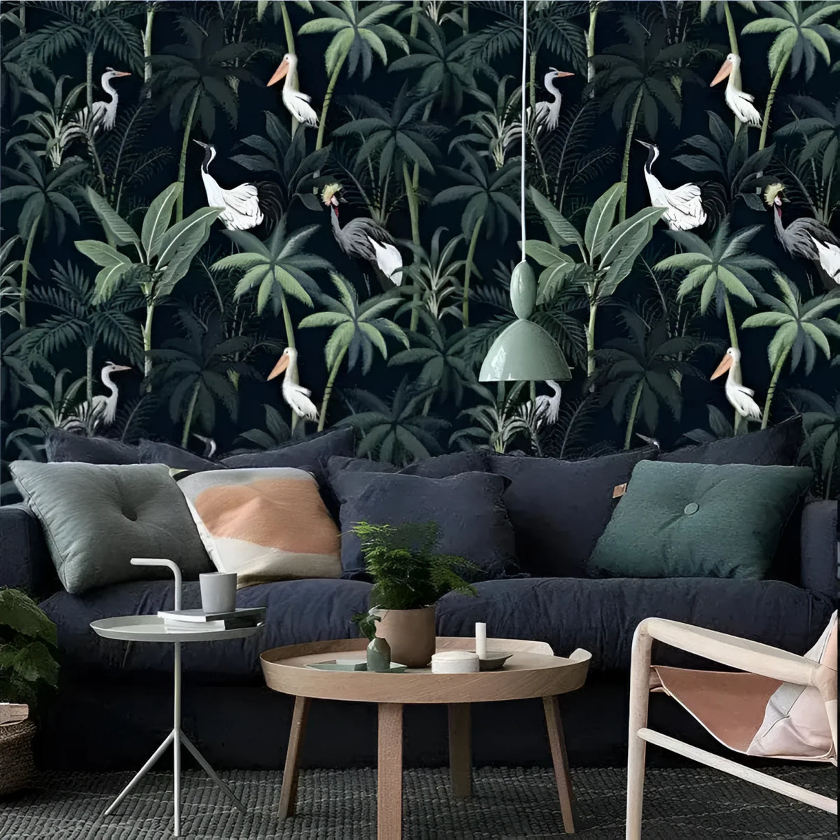 Dark Tropical Palm and Coconut Tree with Cranes Wallpaper