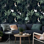 Dark Tropical Palm and Coconut Tree with Cranes Wallpaper