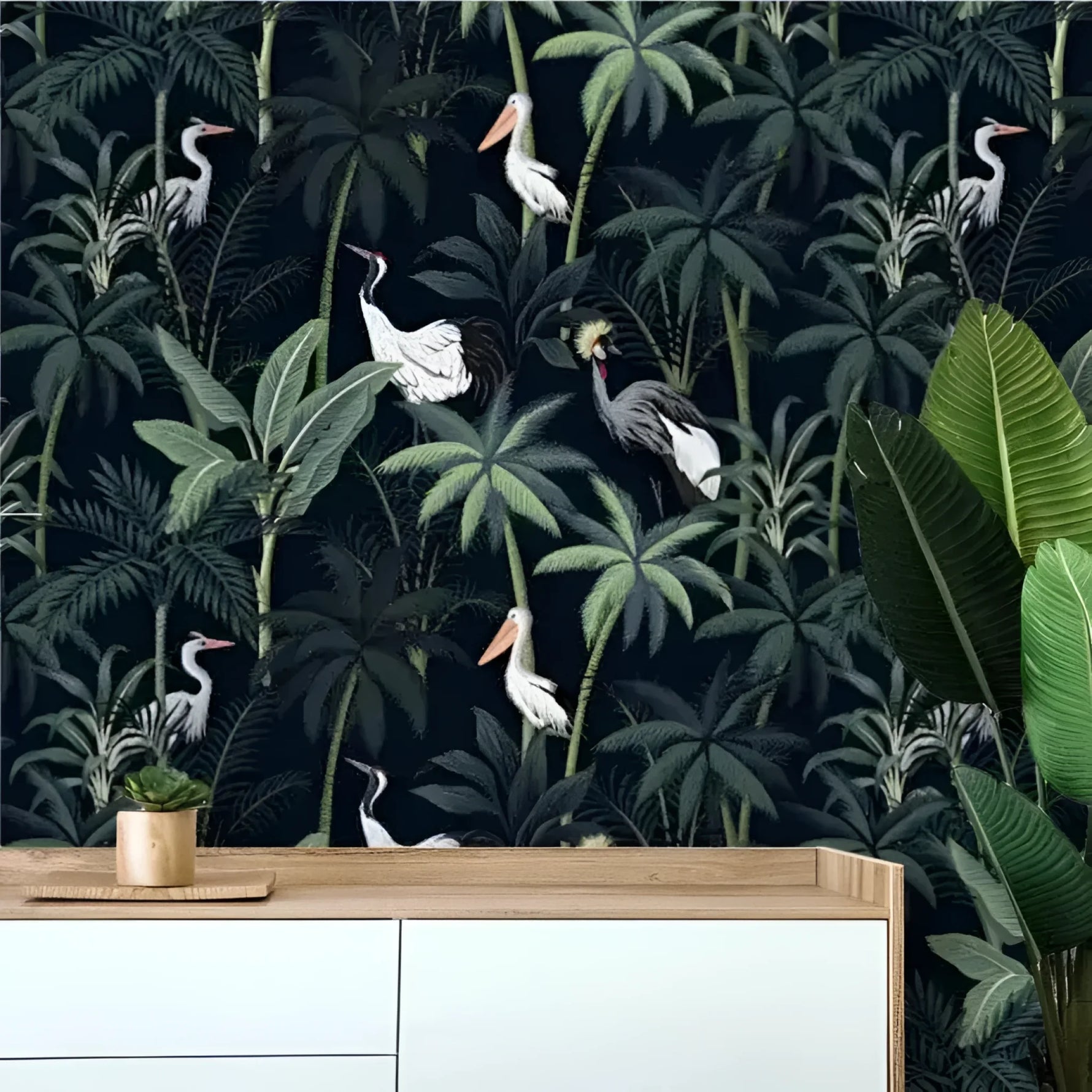 Dark Tropical Palm and Coconut Tree with Cranes Wallpaper