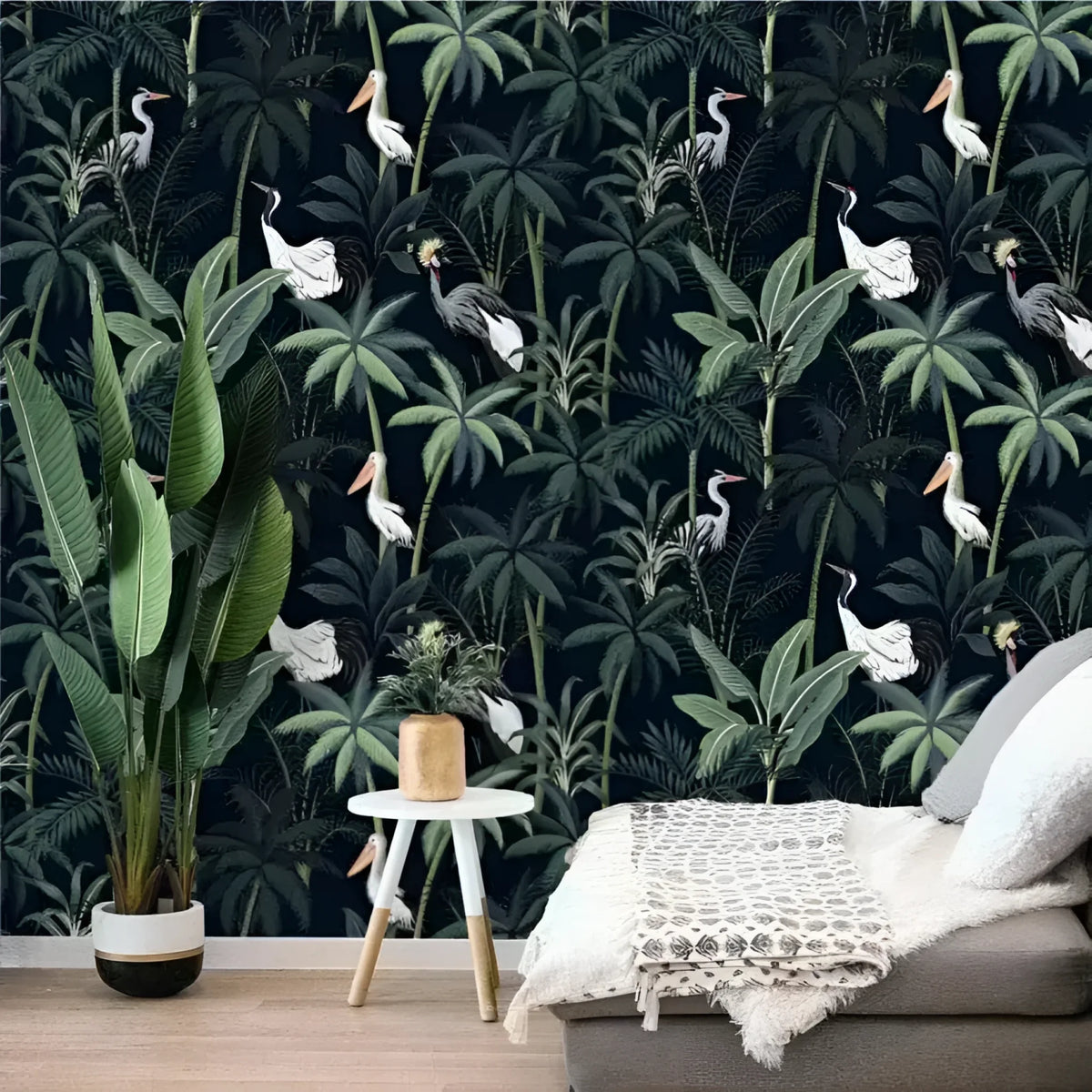 Dark Tropical Palm and Coconut Tree with Cranes Wallpaper