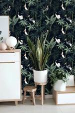 Dark Tropical Palm and Coconut Tree with Cranes Wallpaper