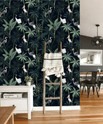 Dark Tropical Palm and Coconut Tree with Cranes Wallpaper