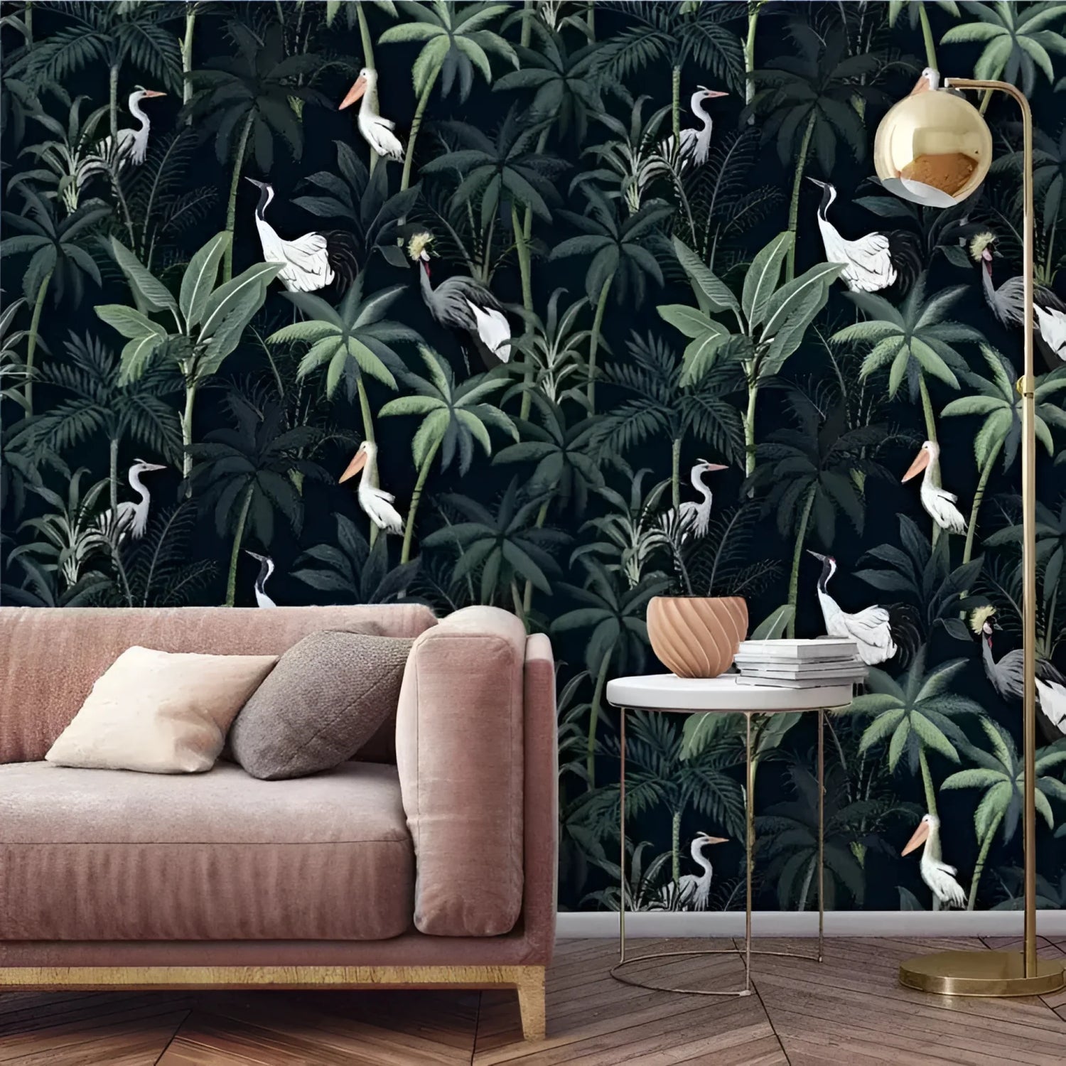 Dark Tropical Palm and Coconut Tree with Cranes Wallpaper