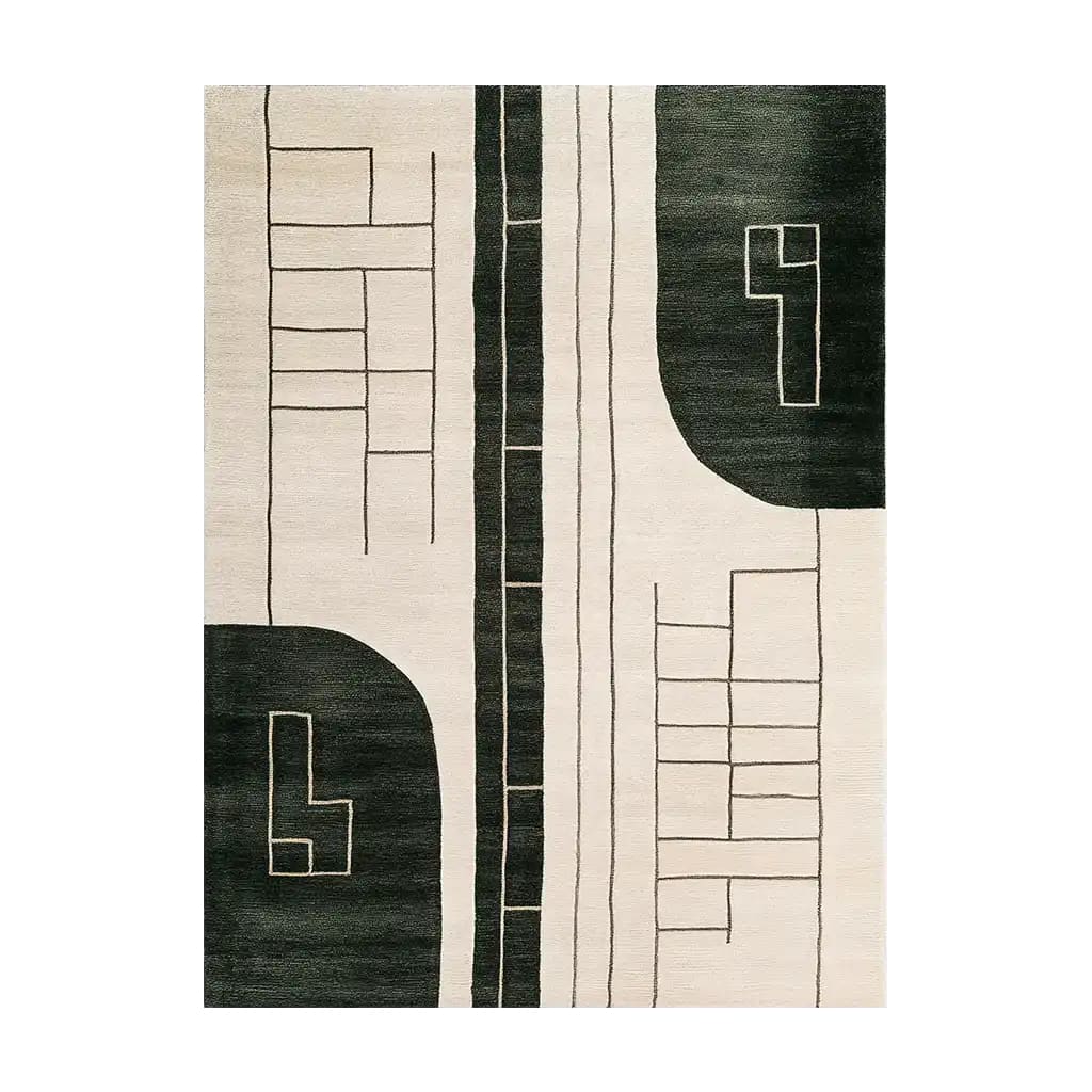 The Dark Wave Symphony Knotted Wool Rug features an abstract geometric design with bold black and cream tones. Its modern pattern adds a sophisticated touch to any living space, making it a standout area rug.