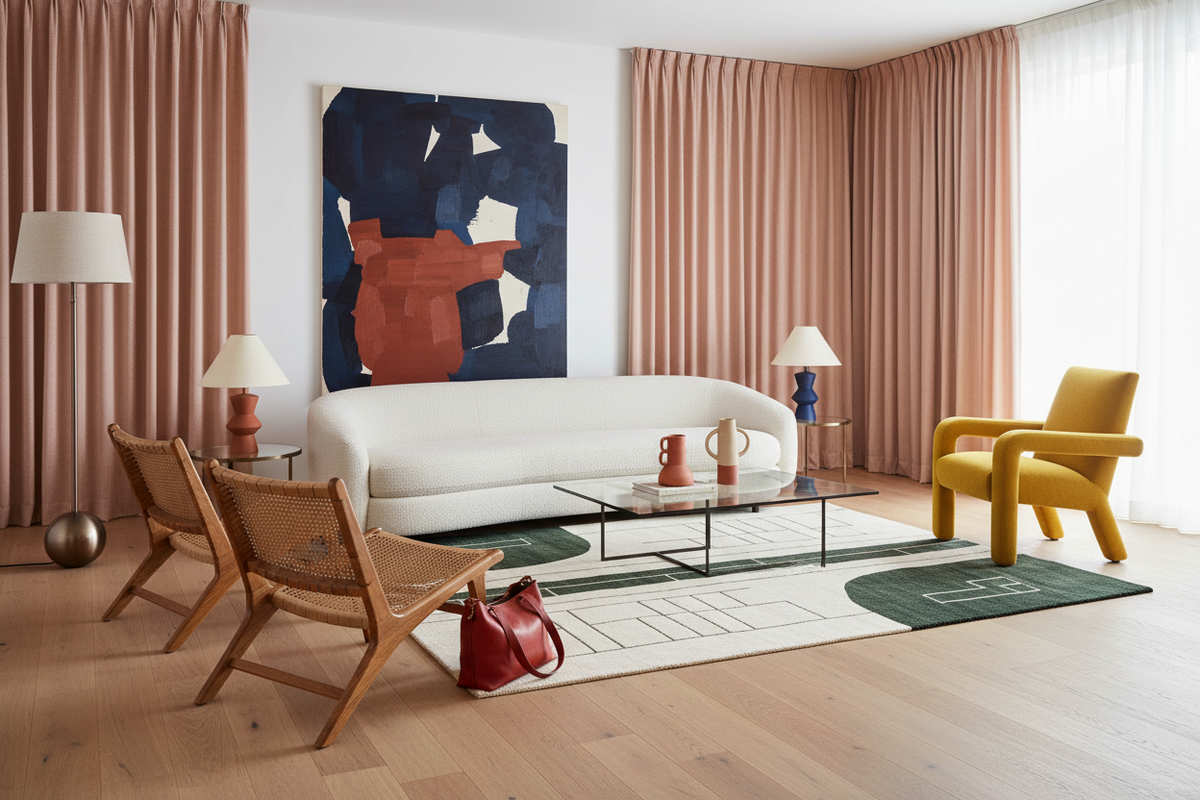 Modern living room with a white sofa, green rug, wooden chairs, and a yellow armchair.