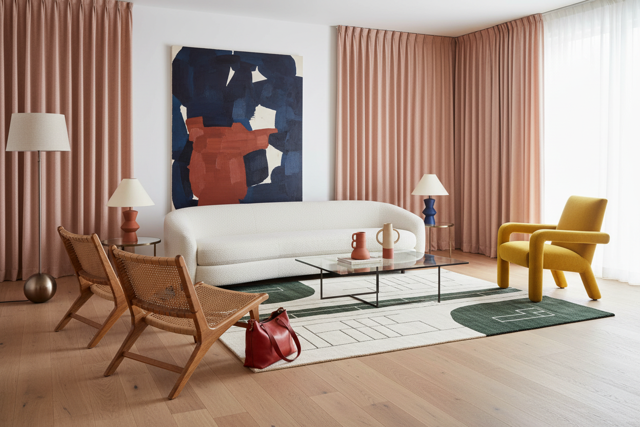 Modern living room with a white sofa, green rug, wooden chairs, and a yellow armchair.