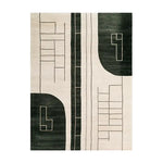 The Dark Wave Symphony Knotted Wool Rug features an abstract geometric design with bold black and cream tones. Its modern pattern adds a sophisticated touch to any living space, making it a standout area rug.