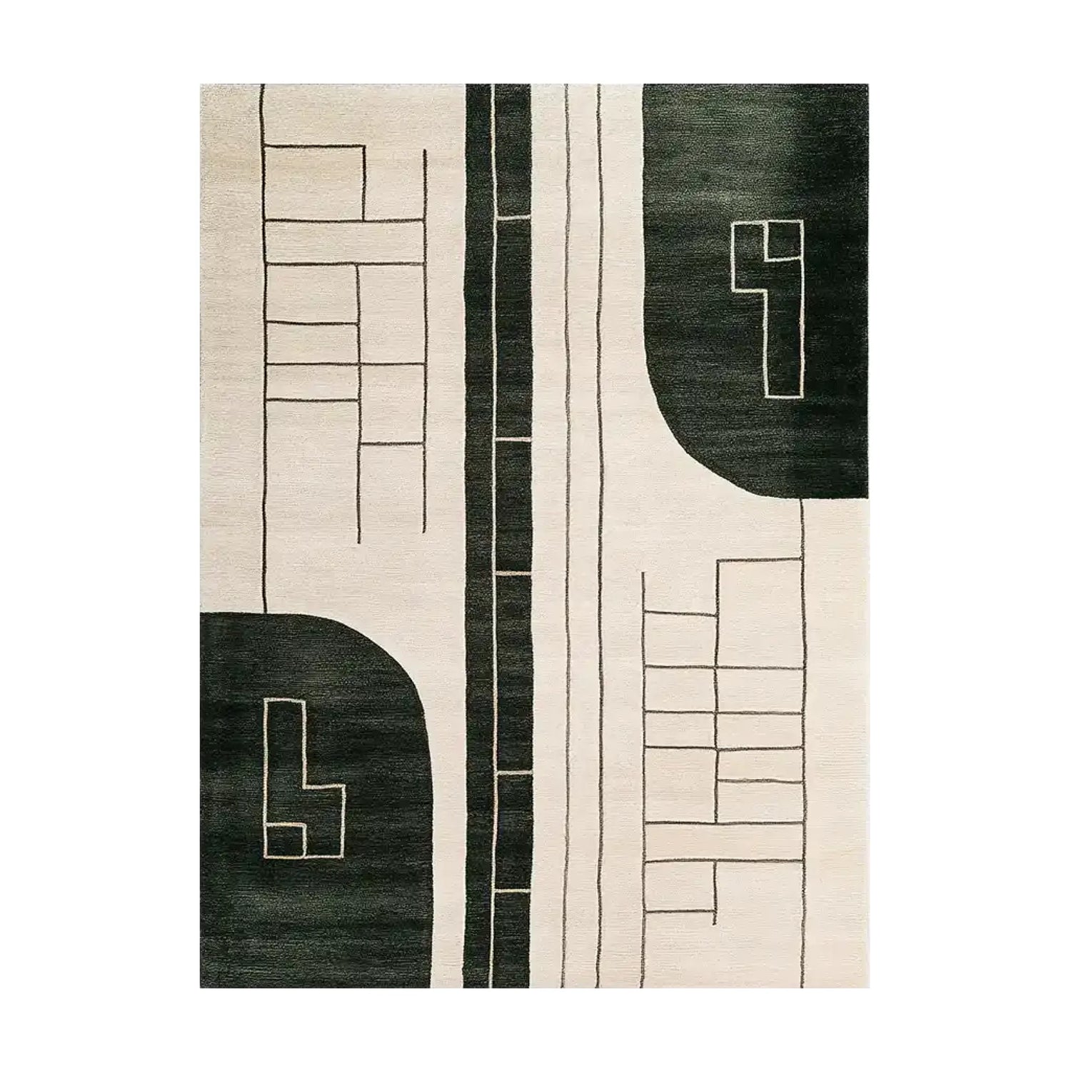 The Dark Wave Symphony Knotted Wool Rug features an abstract geometric design with bold black and cream tones. Its modern pattern adds a sophisticated touch to any living space, making it a standout area rug.