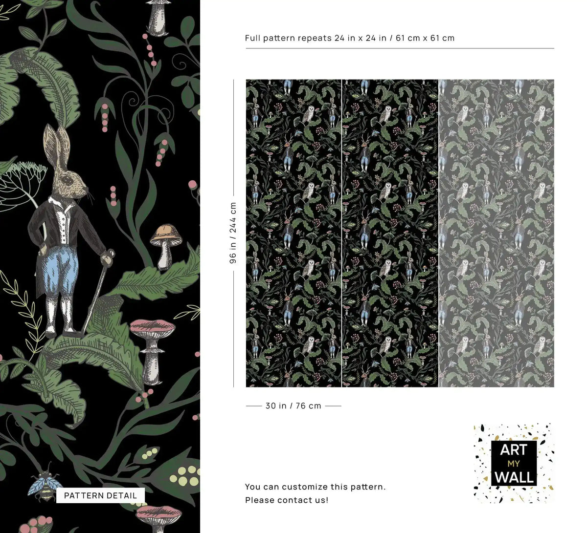 Dark woodland wallpaper pattern detail and repeat layout showing a dapper hare, owls and ferns with sizing guide