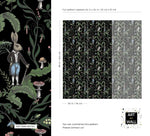 Dark woodland wallpaper pattern detail and repeat layout showing a dapper hare, owls and ferns with sizing guide