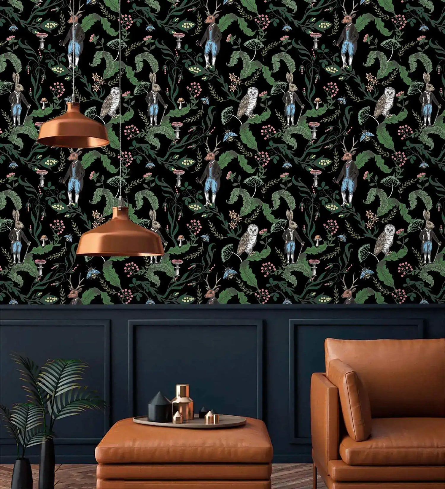 Dark woodland wallpaper with owls, dressed hares and mushrooms on black above navy panelling and copper pendants