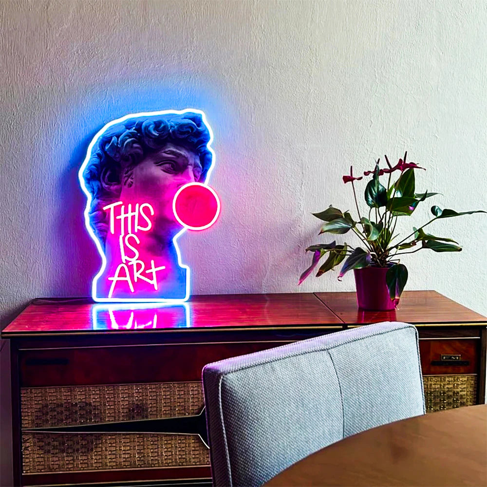David Blowing Gum "IS THIS ART" Neon Light Wall Art - MAIA HOMES