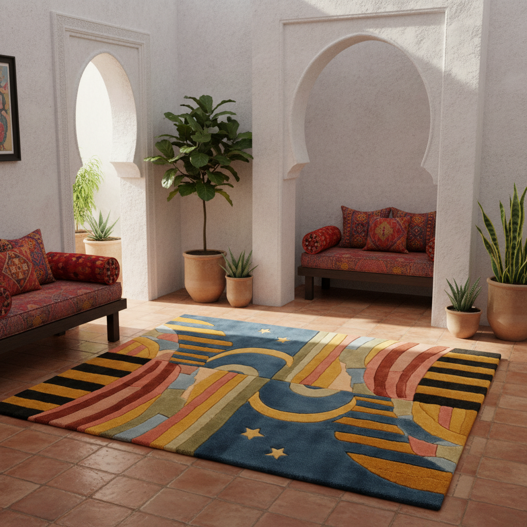 Decorative rug with geometric pattern in a room with arched doorways and plants.