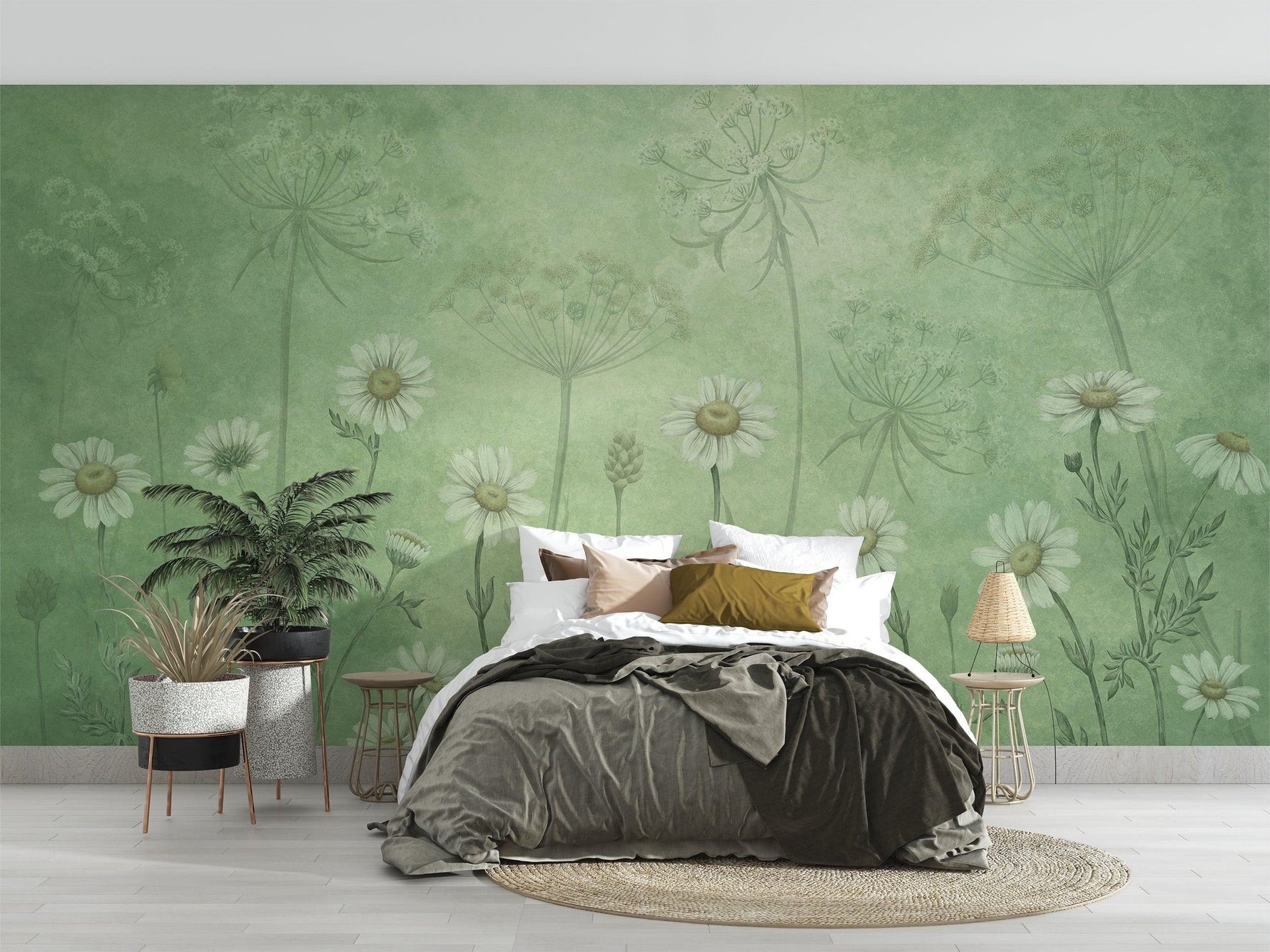 Dazzling Daisies - Green Wallpaper Mural