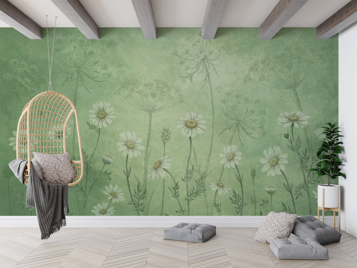 Dazzling Daisies - Green Wallpaper Mural