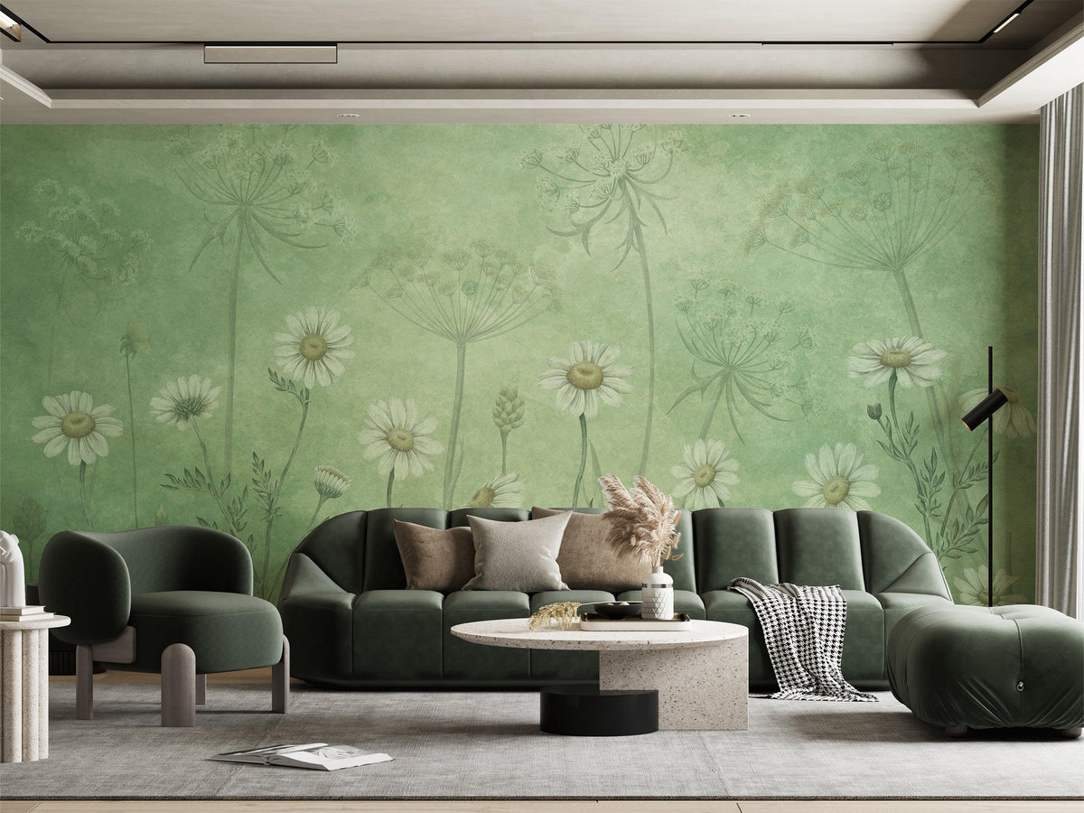 Dazzling Daisies - Green Wallpaper Mural