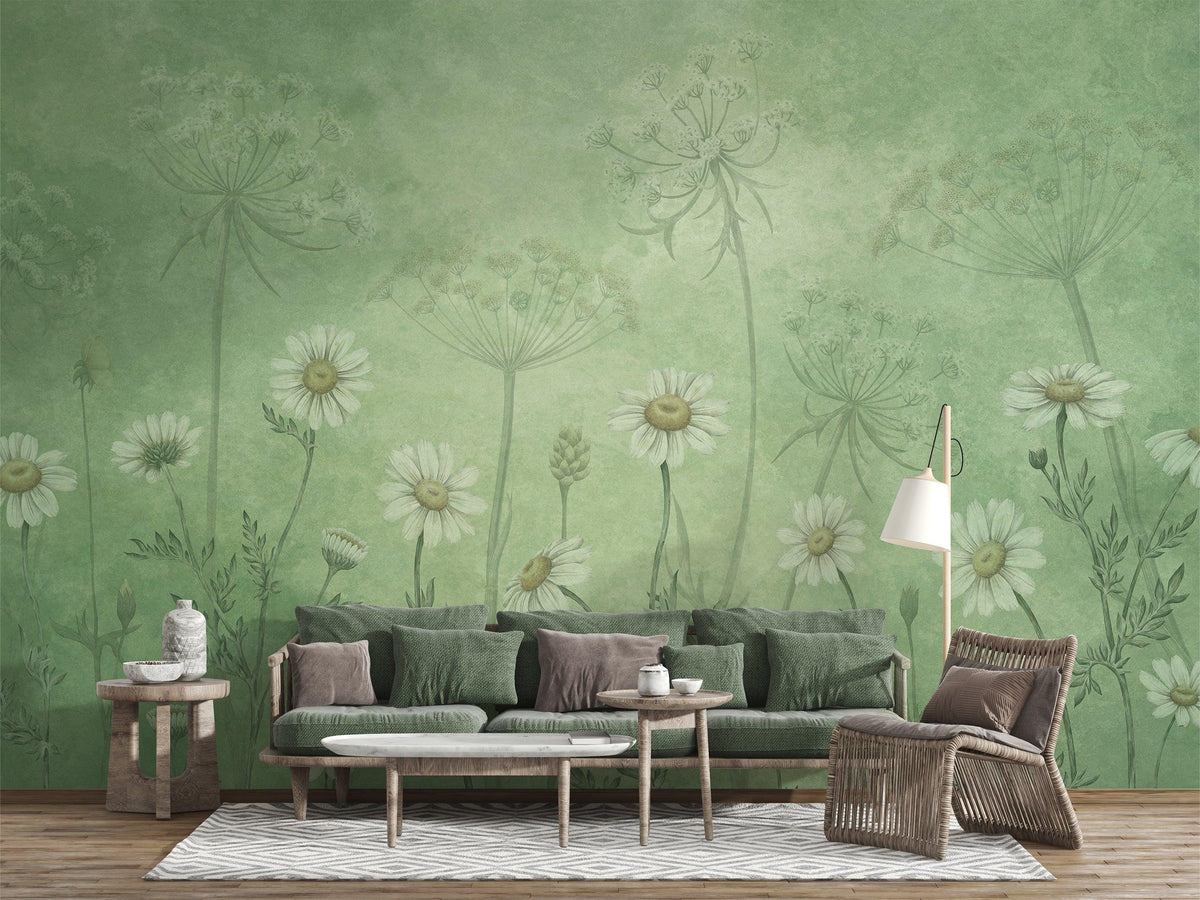 Dazzling Daisies - Green Wallpaper Mural