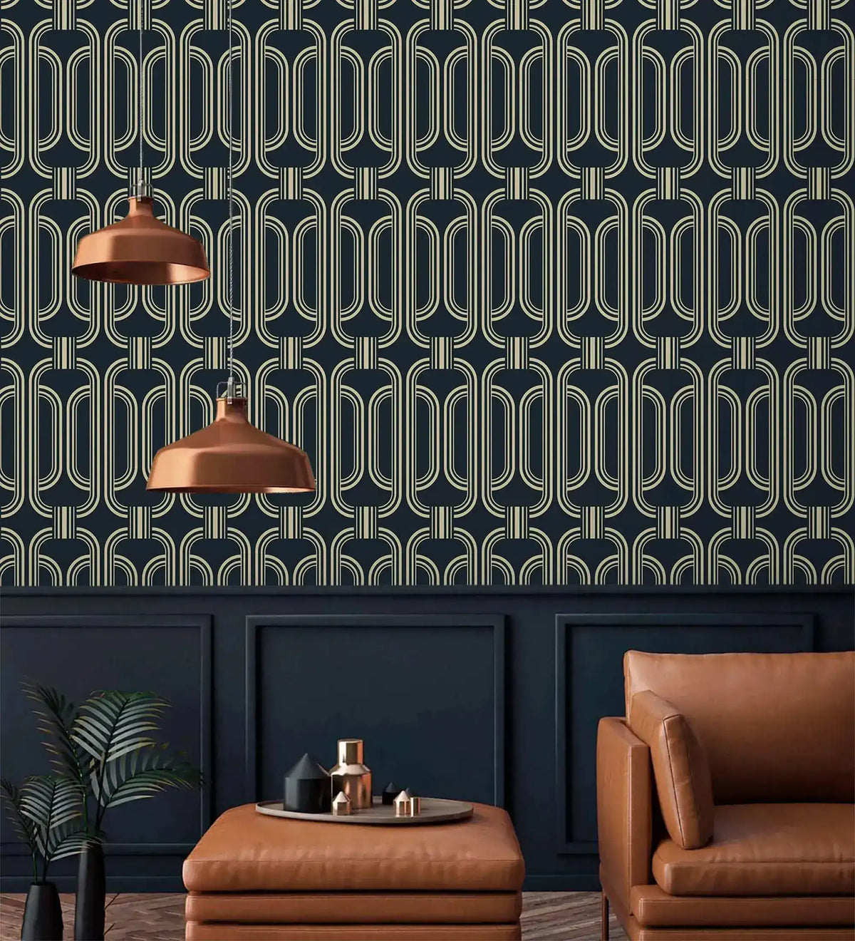 Deco geometric wallpaper with gold linked-oval lines on navy above panelling with copper pendant lights