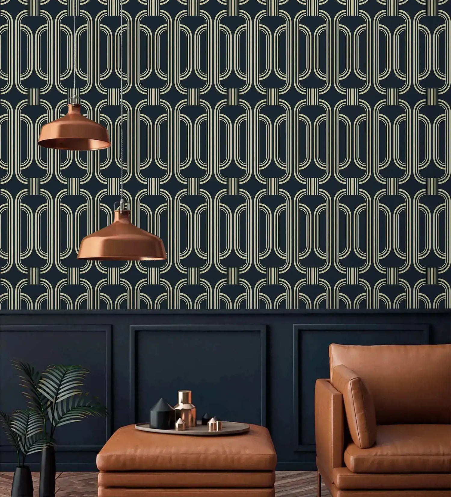 Deco geometric wallpaper with gold linked-oval lines on navy above panelling with copper pendant lights