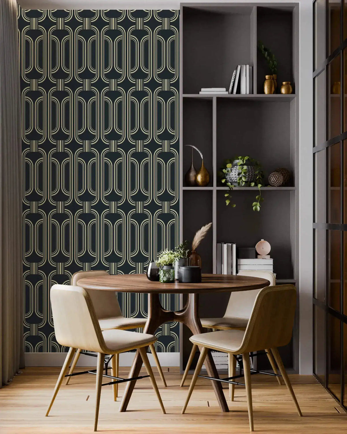 Deco geometric wallpaper with gold linked-oval lines on navy in a dining nook with a round wood table