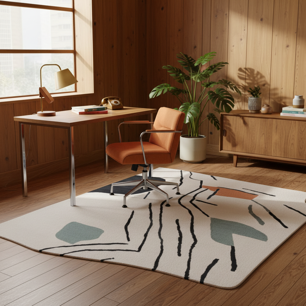 Modern home office with a desk, chair, and decorative rug.