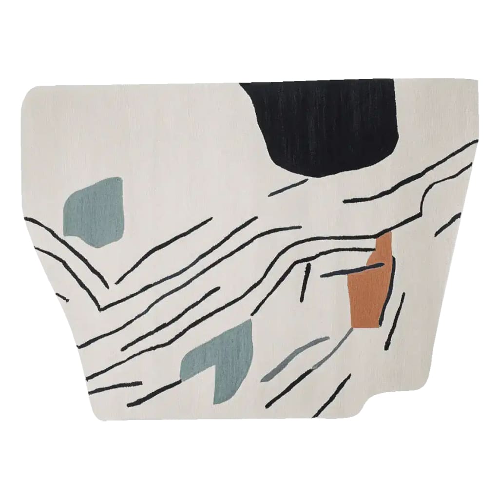 This contemporary area rug features an abstract design with bold lines and shapes in black, teal, and rust on a light beige background. Perfect for adding a modern touch to your living room, this wool rug offers both style and comfort.